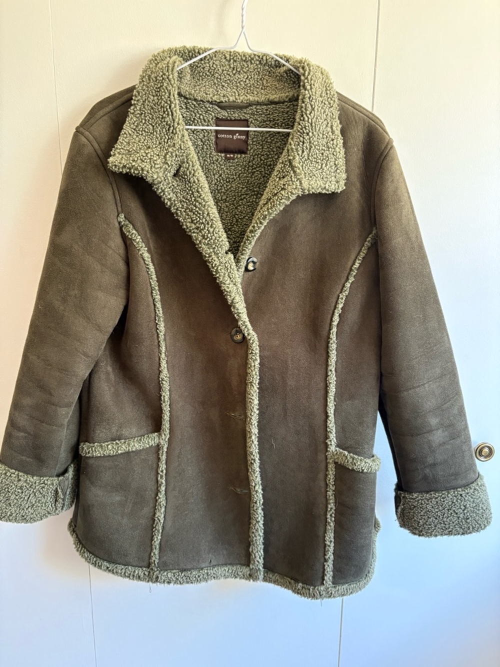 Olive Green Shearling-Trimmed Women's Coat